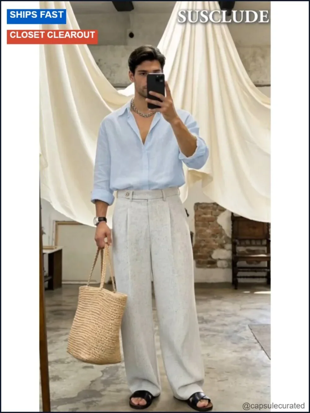 Linen Blend Pleated Wide Leg Dress Pants with Elastic Waistband